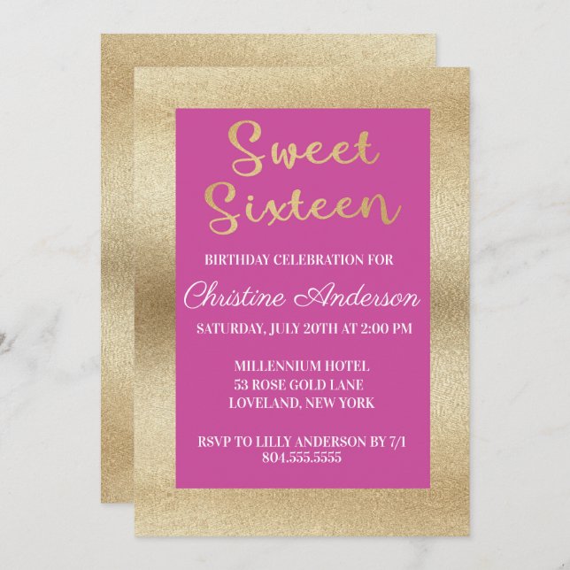 Sweet Sixteen Brushed Gold Foil Invitation (Front/Back)