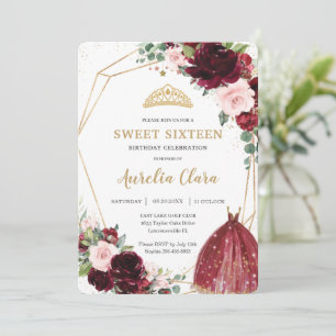 Sweet Sixteen Burgundy Pink Floral 16th Birthday  Invitation