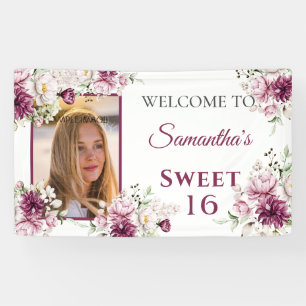 Sweet Sixteen Burgundy & Pink Flowers Banner