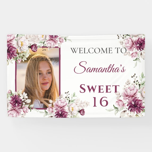 Sweet Sixteen Burgundy & Pink Flowers Banner (Horizontal)