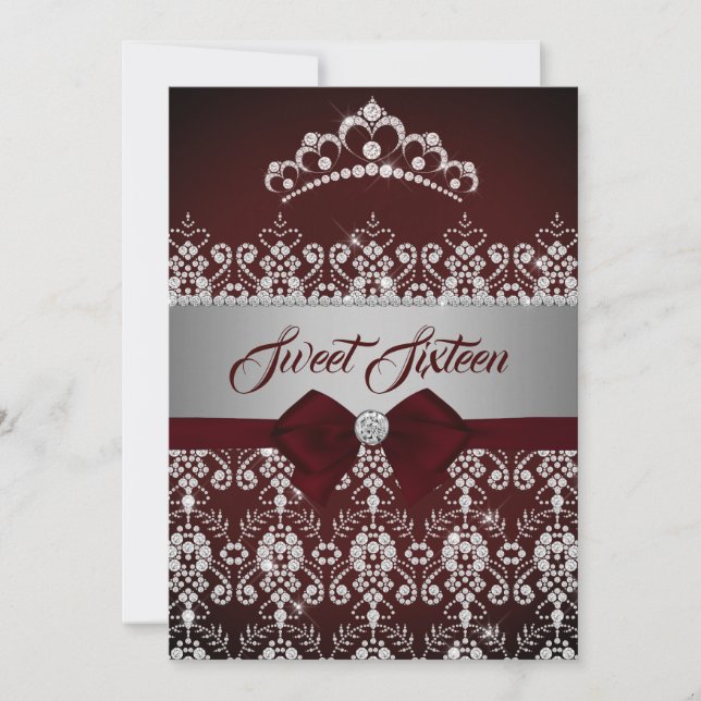 Sweet Sixteen Burgundy Sparkle Diamond Tiara Bow Invitation (Front)