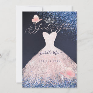 Sweet Sixteen Butterfly Blush Glitter Gown Navy Invitation