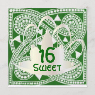 Sweet Sixteen Celtic Green White Invitation Card