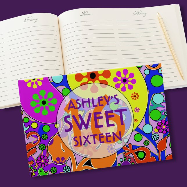 Sweet Sixteen Colourful Retro Floral  Guest Book (Creator Uploaded)