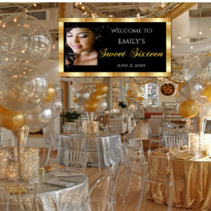 Sweet Sixteen, Custom Photo, Gold Sparkle Banner