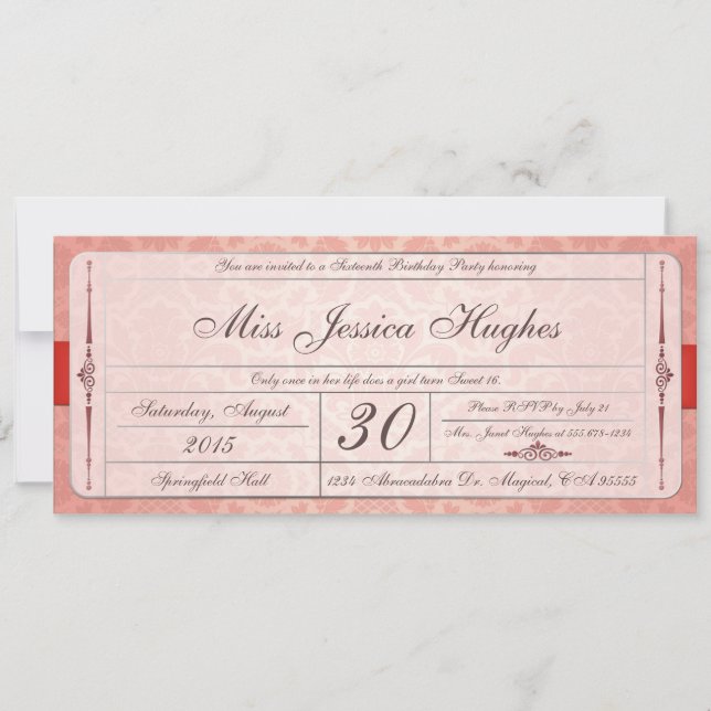 Sweet Sixteen Damask Ticket Invitation (Front)