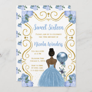 Sweet Sixteen Dark Skin Princess in Blue Invitation