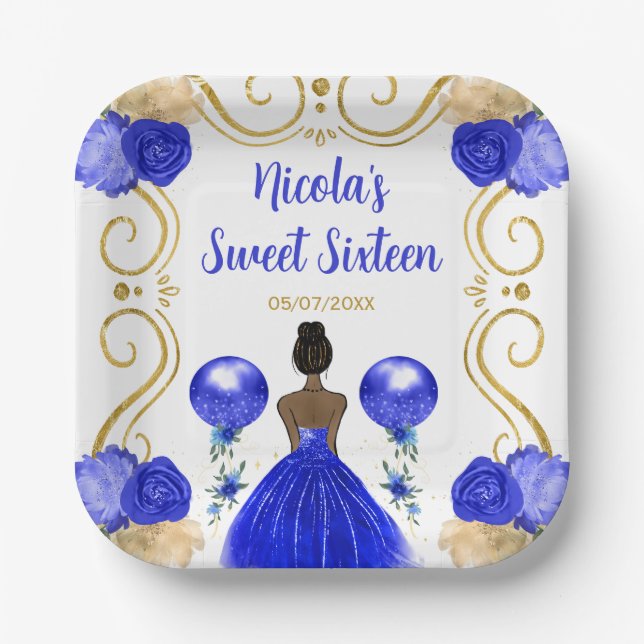 Sweet Sixteen Dark Skin Princess in Blue Paper Plate (Front)