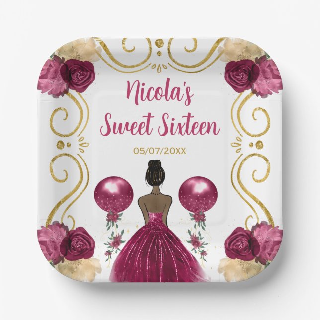 Sweet Sixteen Dark Skin Princess in Burgundy Red Paper Plate (Front)
