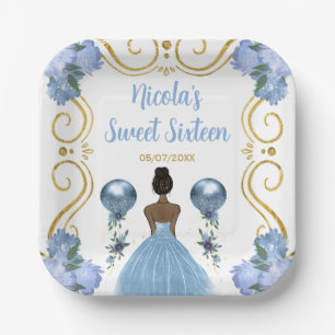 Sweet Sixteen Dark Skin Princess in Dusty Blue Paper Plate