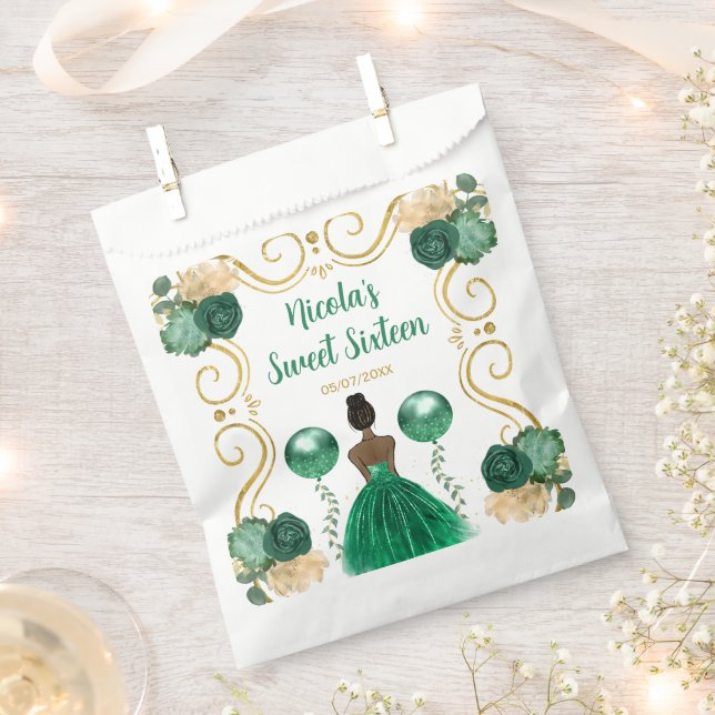 Sweet Sixteen Dark Skin Princess in Green Favour Bag (Clipped)