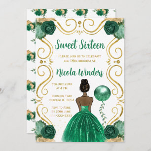 Sweet Sixteen  Dark Skin Princess in Green Invitation
