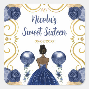 Sweet Sixteen Dark Skin Princess in Navy Blue Square Sticker