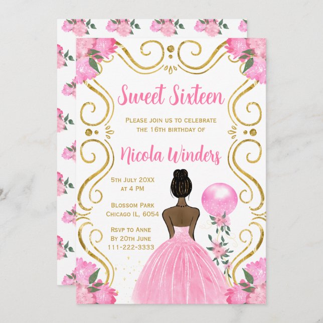 Sweet Sixteen Dark Skin Princess in Pink Invitation (Front/Back)