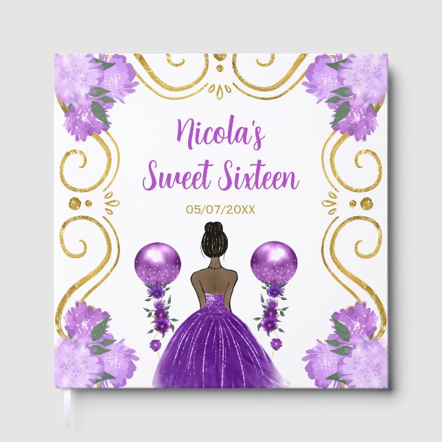Sweet Sixteen Dark Skin Princess in Purple Guest Book (Front)