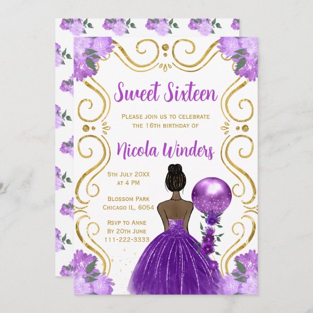 Sweet Sixteen Dark Skin Princess in Purple Invitation (Front/Back)