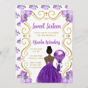 Sweet Sixteen Dark Skin Princess in Purple Invitation