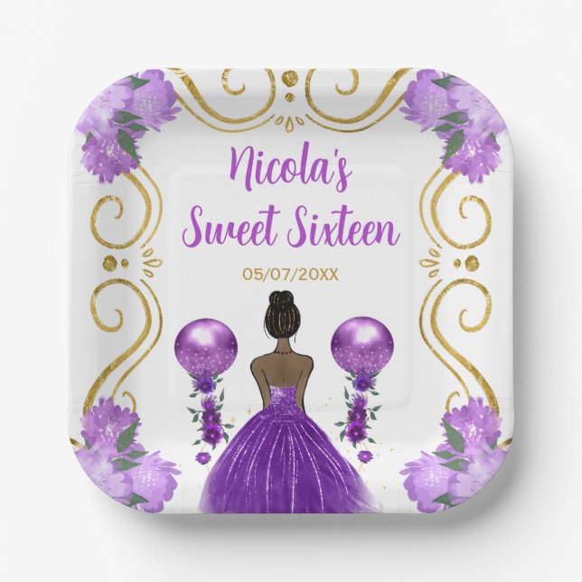 Sweet Sixteen Dark Skin Princess in Purple Paper Plate (Front)