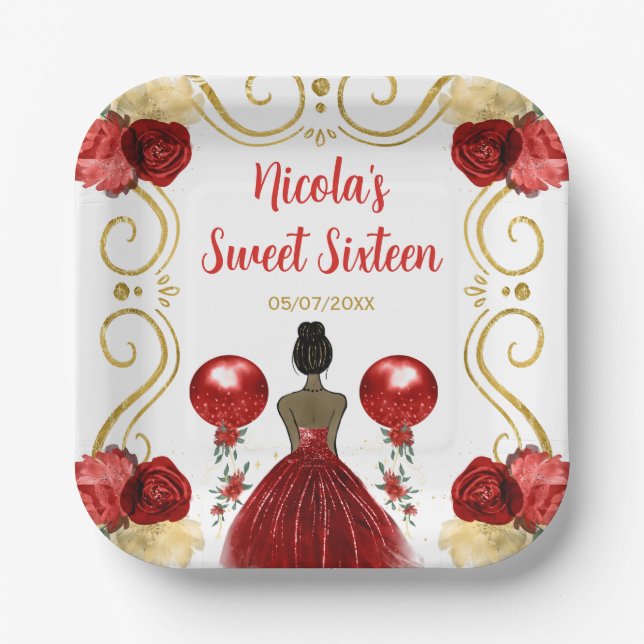 Sweet Sixteen Dark Skin Princess in Red Paper Plate (Front)