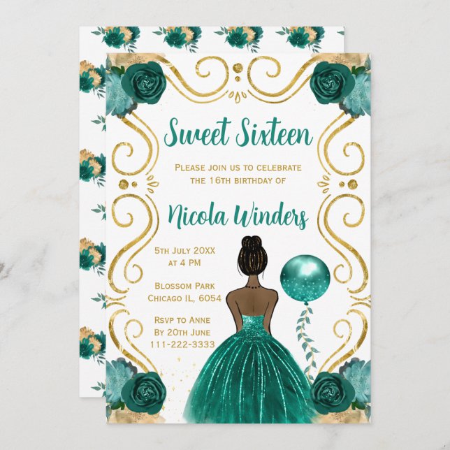 Sweet Sixteen  Dark Skin Princess in Teal Invitation (Front/Back)