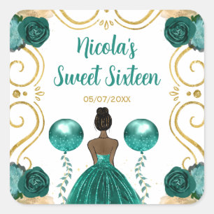 Sweet Sixteen Dark Skin Princess in Teal Square Sticker