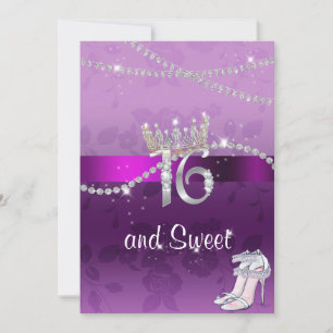 Sweet Sixteen Diamonds Crown High Heels Purple Invitation