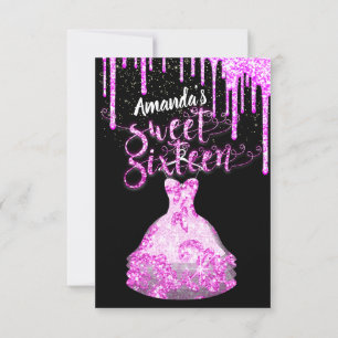Sweet Sixteen Dress Glitter Drip Pink Drips Black  Invitation