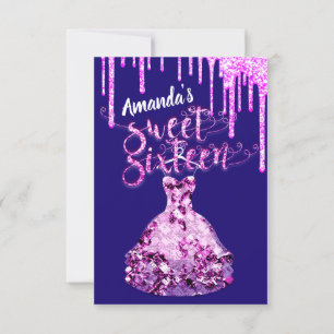 Sweet Sixteen Dress Glitter Drip Pink Drips Blue  Invitation