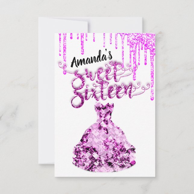Sweet Sixteen Dress Glitter Drip Pink Drips White Invitation (Back)