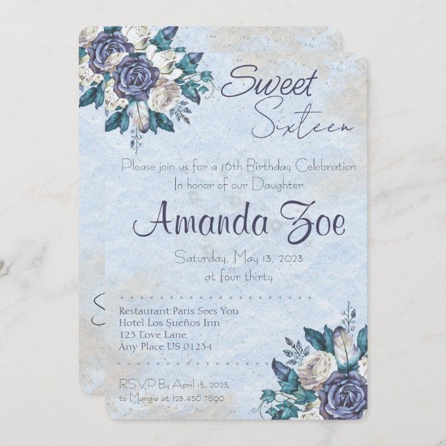 Sweet Sixteen Dusty Blue Floral invitation (Front/Back)