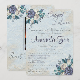 Sweet Sixteen Dusty Blue Floral invitation