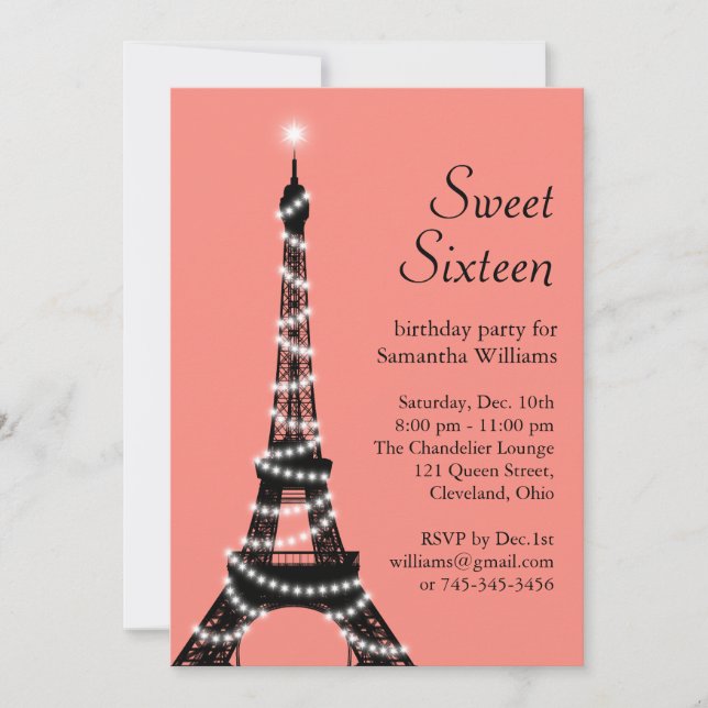 Sweet Sixteen Eiffel Tower Invitation in coral (Front)