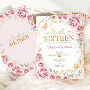 Sweet Sixteen Elegant Chic Pink Roses Gold Invitation