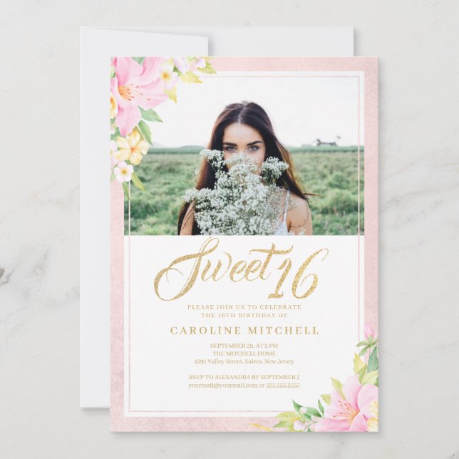 Sweet Sixteen Elegant Floral Blush Pink Photo Invitation (Front)
