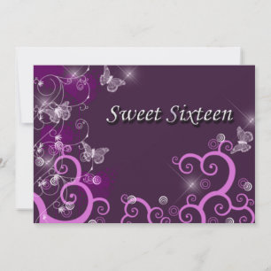 Sweet Sixteen Elegant Swirls Butterflies Purple Invitation