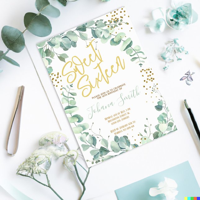 Sweet Sixteen Eucalyptus Gold Birthday Invitation (Creator Uploaded)