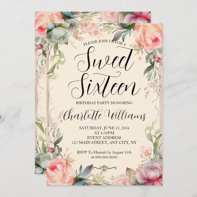 Sweet Sixteen Fairytale Floral 16th Birthday Invitation (Front/Back)