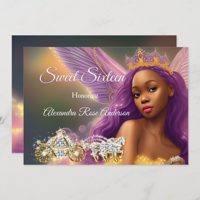 Sweet Sixteen Fairytale Purple Pink Gold Carriage  Invitation (Front/Back)