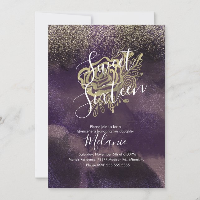 Sweet Sixteen Faux Glitter Purple Gold Rose Invitation (Front)