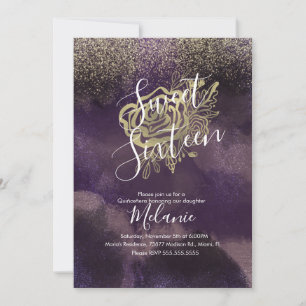 Sweet Sixteen Faux Glitter Purple Gold Rose Invitation
