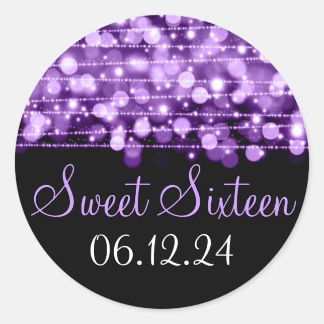 Sweet Sixteen Favour Party Sparkles Purple Classic Round Sticker (Front)