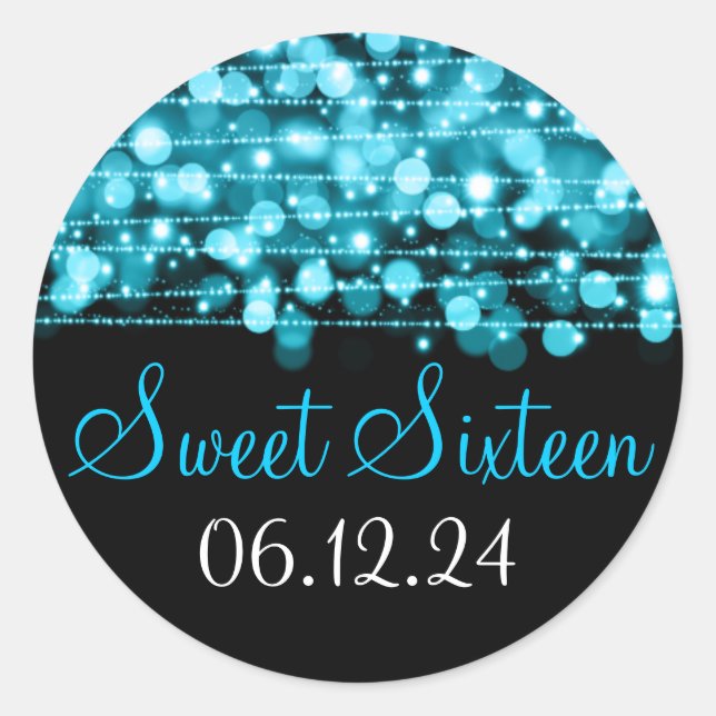 Sweet Sixteen Favour Party Sparkles Turquoise Classic Round Sticker (Front)