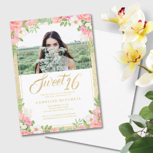 Sweet Sixteen Floral Elegant Rose Tulip Pink Photo Invitation