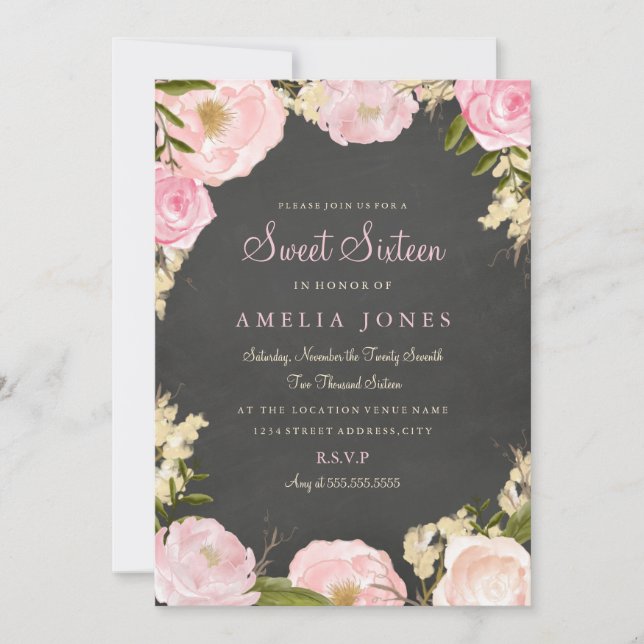 Sweet Sixteen Floral Rose Wreath Chalkboard Invite (Front)