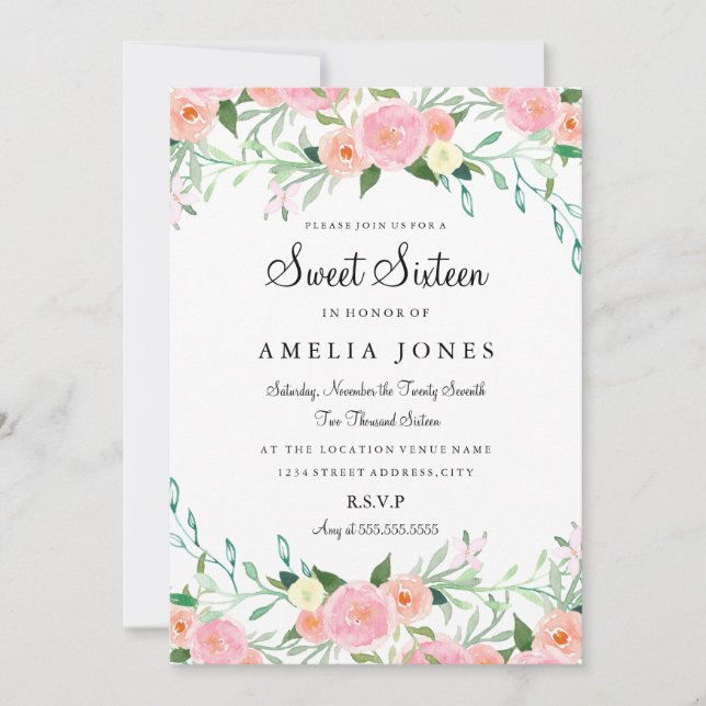 Sweet Sixteen Flower Watercolor Pink Peach Invite (Front)