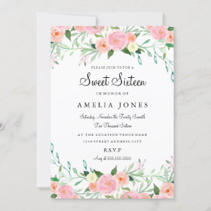 Sweet Sixteen Flower Watercolor Pink Peach Invite