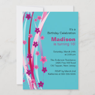 Sweet Sixteen Foral Ribbons Birthday Invite
