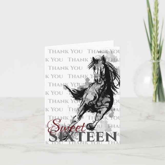 Sweet Sixteen Galloping Horse Sketch Birthday Thank You Card (Front)