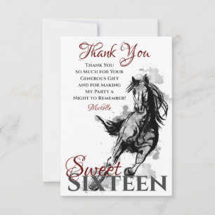 Sweet Sixteen Galloping Horse Sketch Flat Birthday Thank You Card