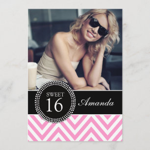 SWEET SIXTEEN GIRLY PINK CHEVRON PATTERN INVITATION